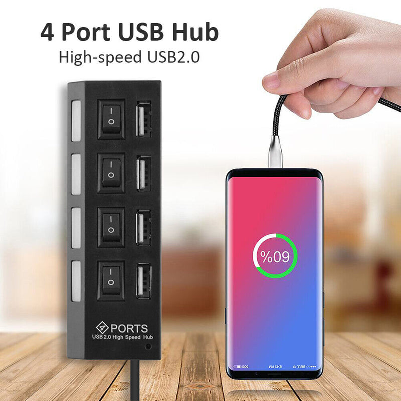 USB Hub 480Mbps Multi USB 2.0 Adapter 4 Port Expander Splitter (Black)