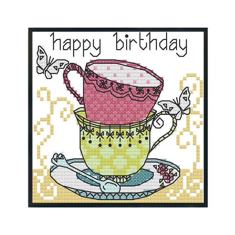 Teacup Cross Stitch Kit 14CT Stamp Embroidery DIY Needlework (J356 15x14cm)