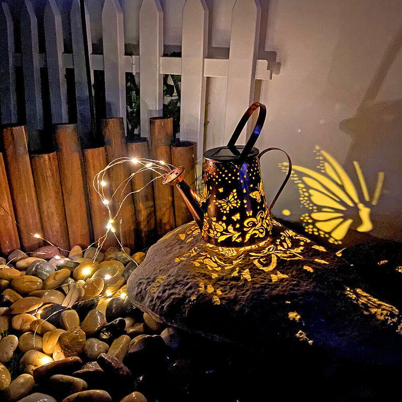 #A Solar Watering Can Lights Hollow Iron Waterproof Flowers Projecting Garden La
