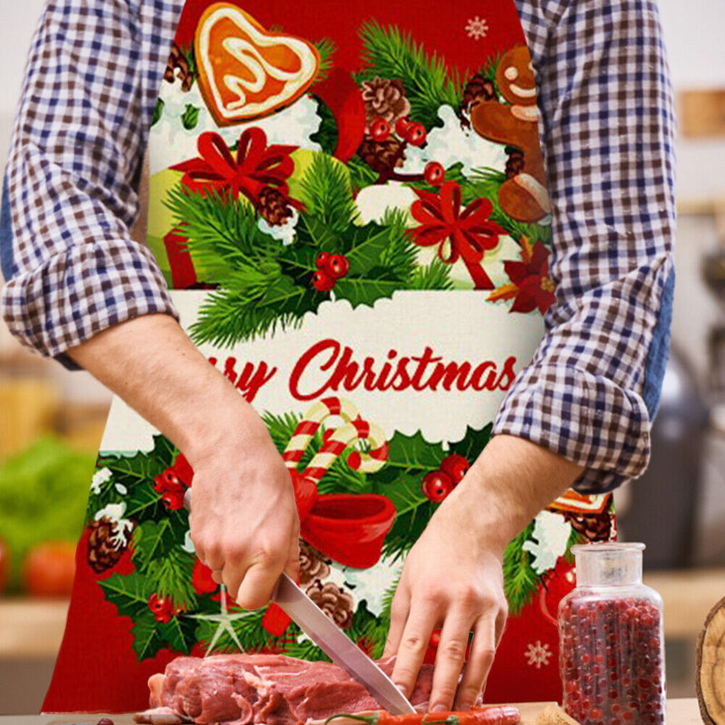 Merry Christmas Linen Kitchen Apron Waterproof Cooking Pinafore (82x68cm)