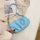 Women Pleated Chain Solid Color Underarm Bag Casual Small Handbag (Blue)