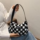 Women Retro Checker Print Shoulder Bag Autumn Winter Casual Plush Small Handbags