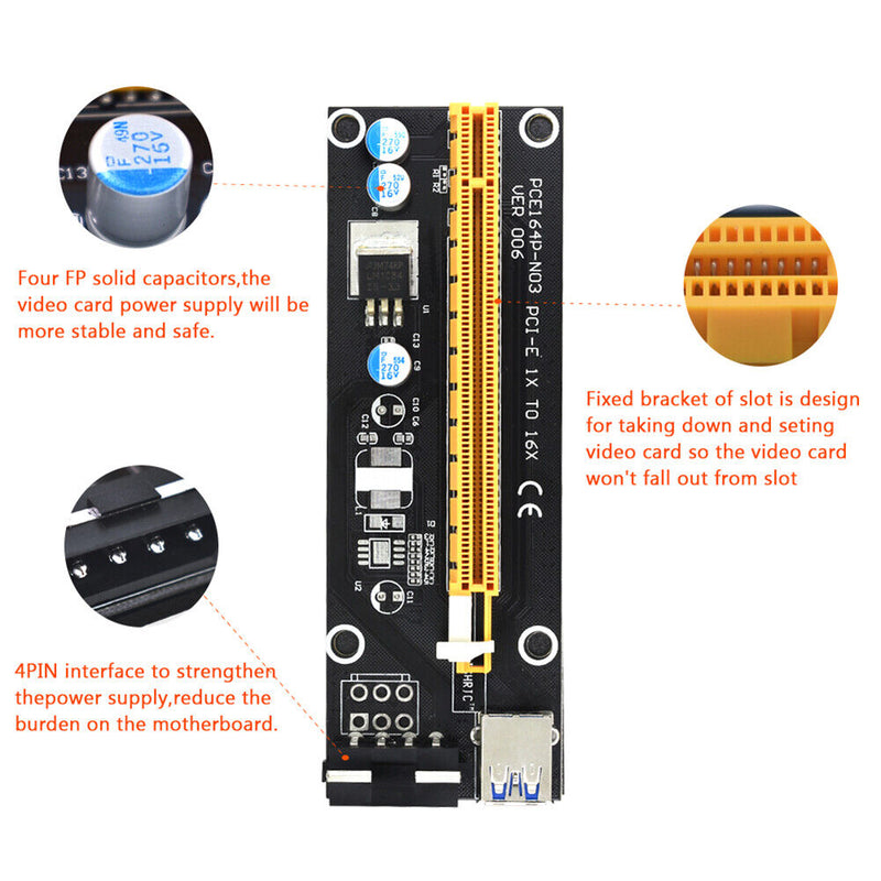 Mining PCIe Riser VER006 PCI-E 1x to 16x Adapter Extender 15-Pin to 4-Pin Power