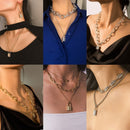 Mens Multi-Layer Chain Punk Necklace Stainless Steel Lock Pendant Bib Choker