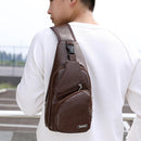 Leather Men Crossbody Chest Bag USB Charging Shoulder Packs (Dark Brown)
