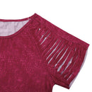 Women Print T-shirts Summer O Neck Short Sleeve Hollow Tops (Wine Red 2XL)