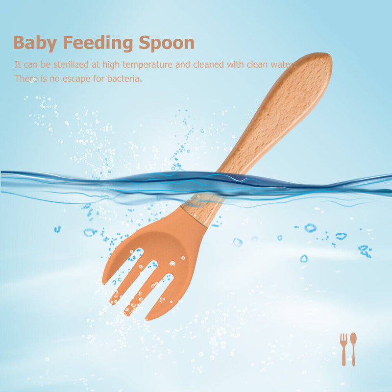 Baby Wooden Silicone Feeding Spoon Toddlers BPA-free Tableware (25) Newly