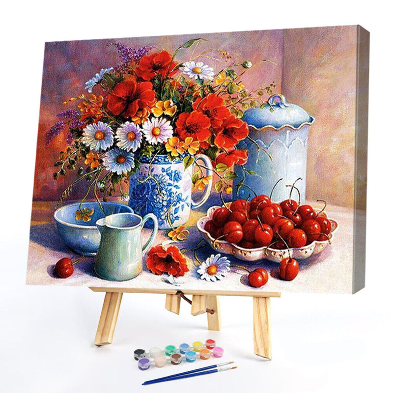 Cherry and Flower Oil Paint By Numbers Kit Hand Painted Home Decoration No Frame