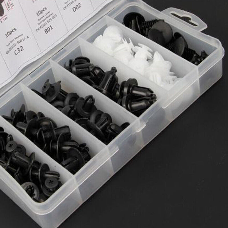 100 in 1 Universal Car Clips Auto Rivets Fasteners Assortment + 6 inch Remover