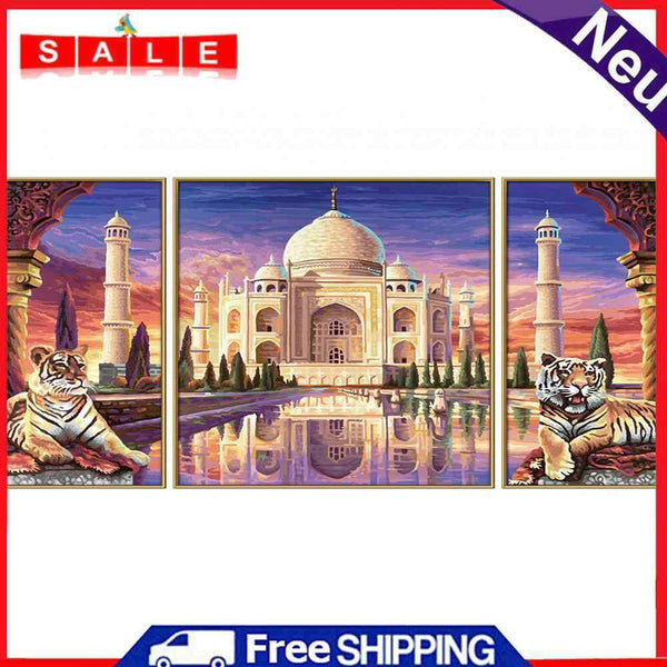 3 Panels Taj Mahal Oil Paint By Numbers Kits DIY Canvas Wall Art Picture Craft