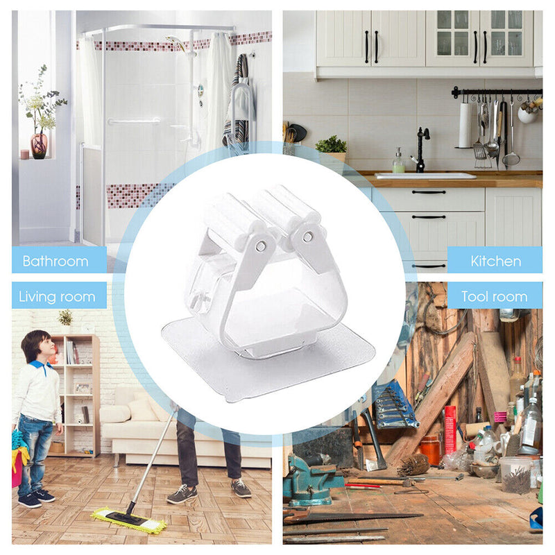 Self-Adhesive Wall Mounted Mop Clip Holder Seamless Hanging Bracket (White)
