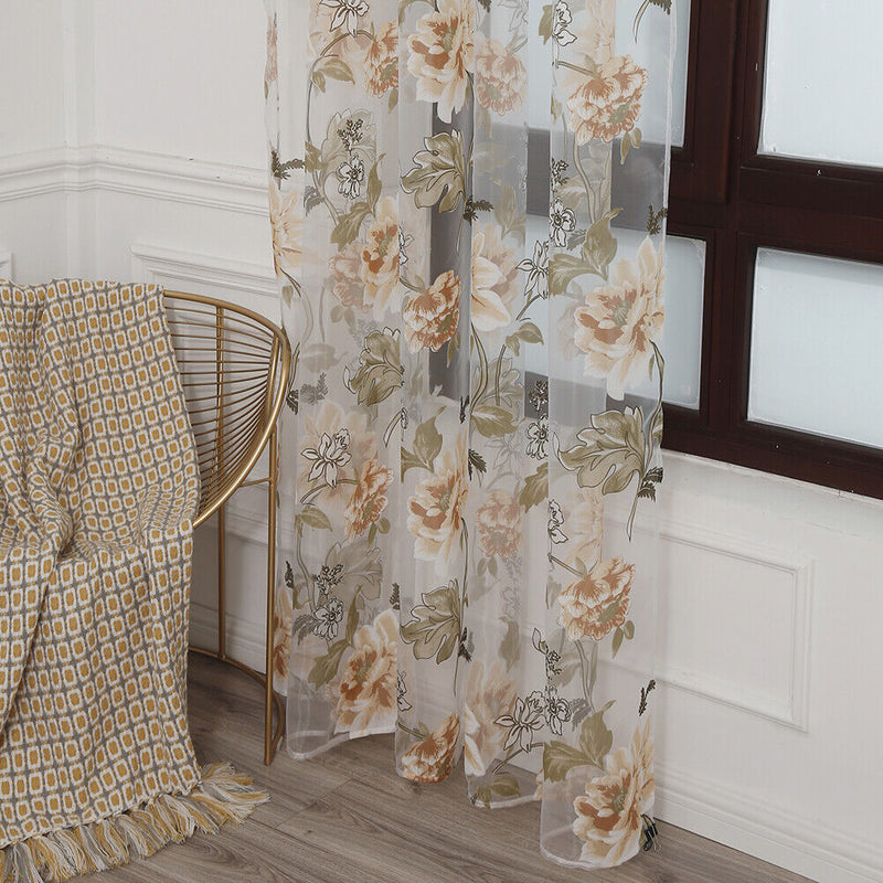 Peony Tulle Curtains for Living Room Floral Window Sheer Curtain (Yellow)