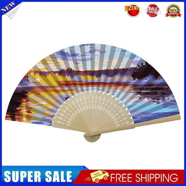 Lake Sunset Oil Paint Folding Fan By Numbers DIY Painted Art Craft Handmade