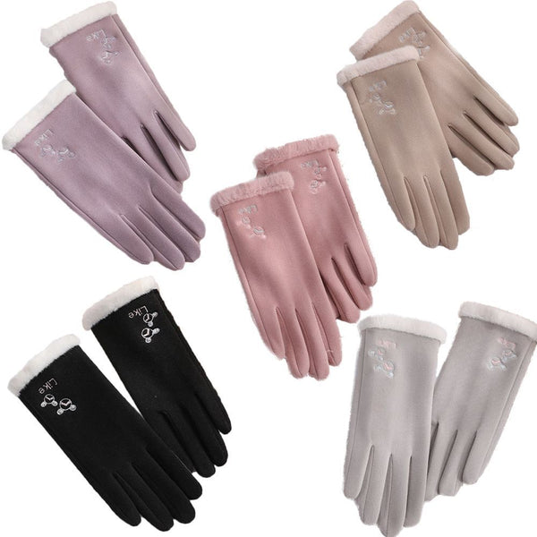 Windproof Embroidered Winter Warm Gloves Touch Screen Plush For Women