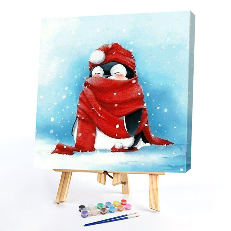 Frameless Oil Paint By Numbers Kit Acrylic Red Scarf Penguin Drawing On Can