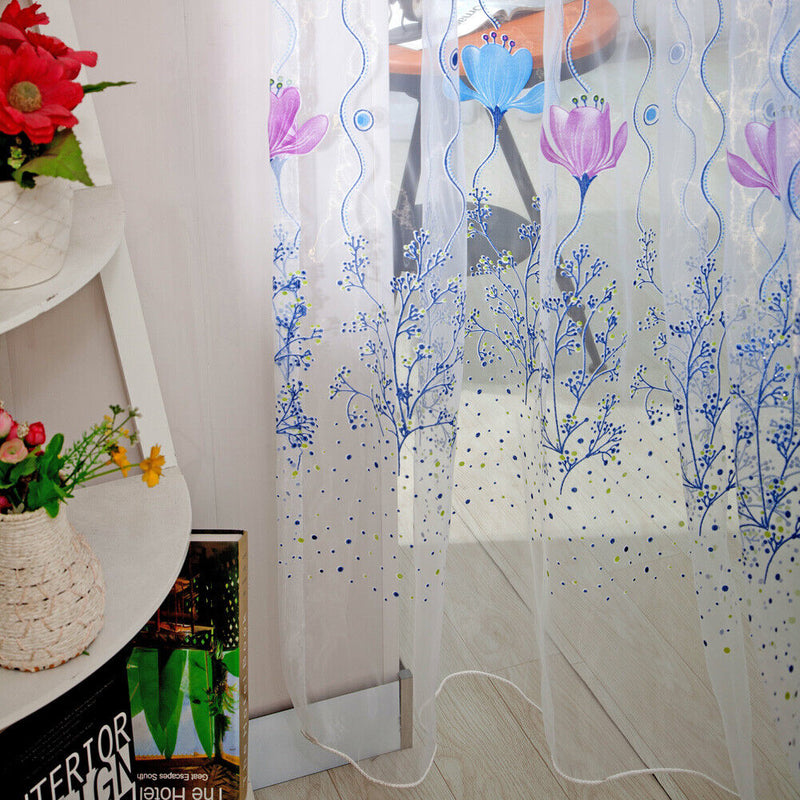 Flowers Print Translucent Curtains Windows Decor Tulle Sheer Drapes Blue
