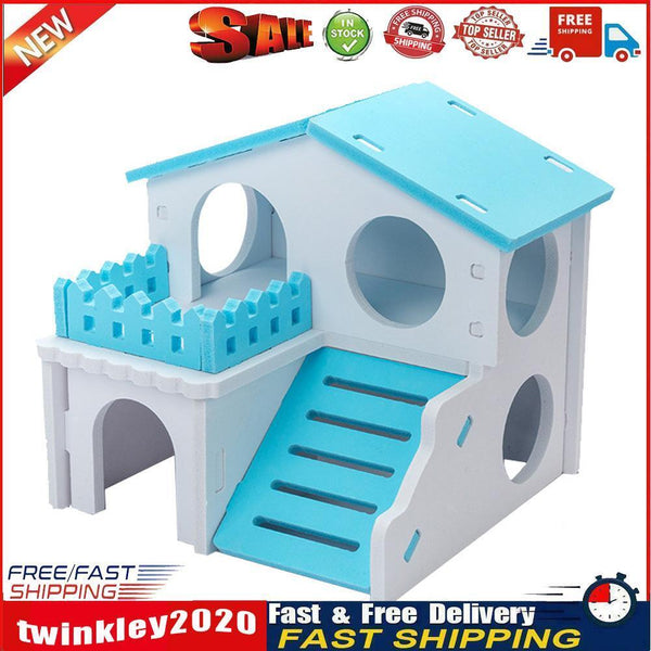 Pet Hamster House with Ladder Nest Log Cabin Animal Sleeping Toys (Blue) Newly