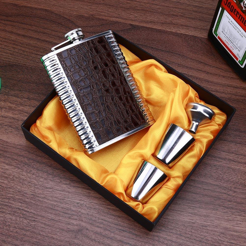 8oz Leather Stainless Steel Hip Flask Set Whiskey Flagon with Funnel Cups