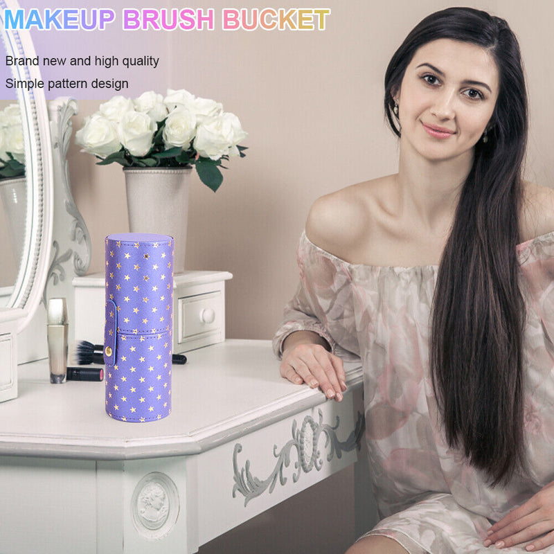 PU Leather Star Printing Makeup Brush Holder Portable Cosmetic Cup (Purple)