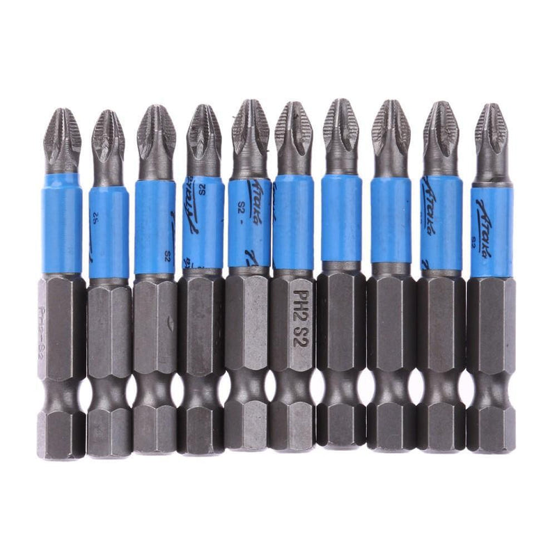 10pc Anti Slip Electric Screwdriver Bits 1/4 Hex Shank Ph2 50mm Single Side