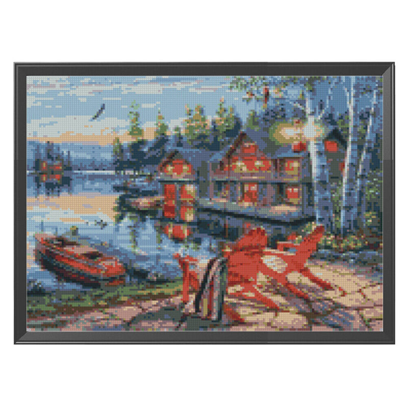 Full Embroidery DIY Canvas Stamped 11CT Art Cross Stitch Seaside House Kit