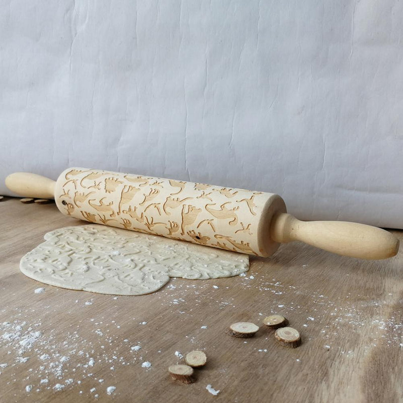 Wood Dinosaur Embossing Engraved Rolling Pin for DIY Baking Cookies Noodle