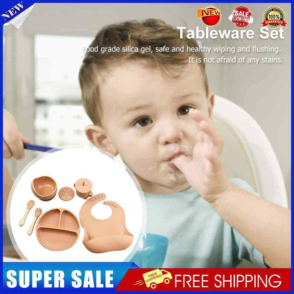 #A 6pcs Silicone Baby Feeding Set Anti Slip Tableware Dishes Baby Food Accesso