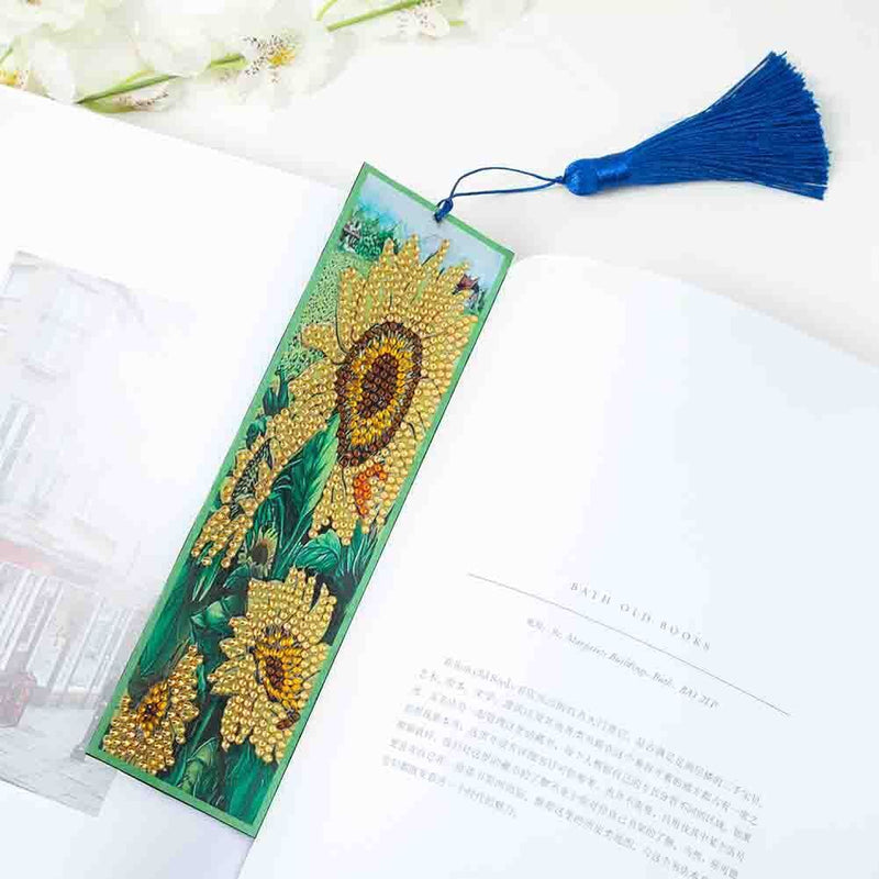 5D DIY Sunflower Mosaic Rhinestone Cross Stitch Leather Page Marker Bookmark