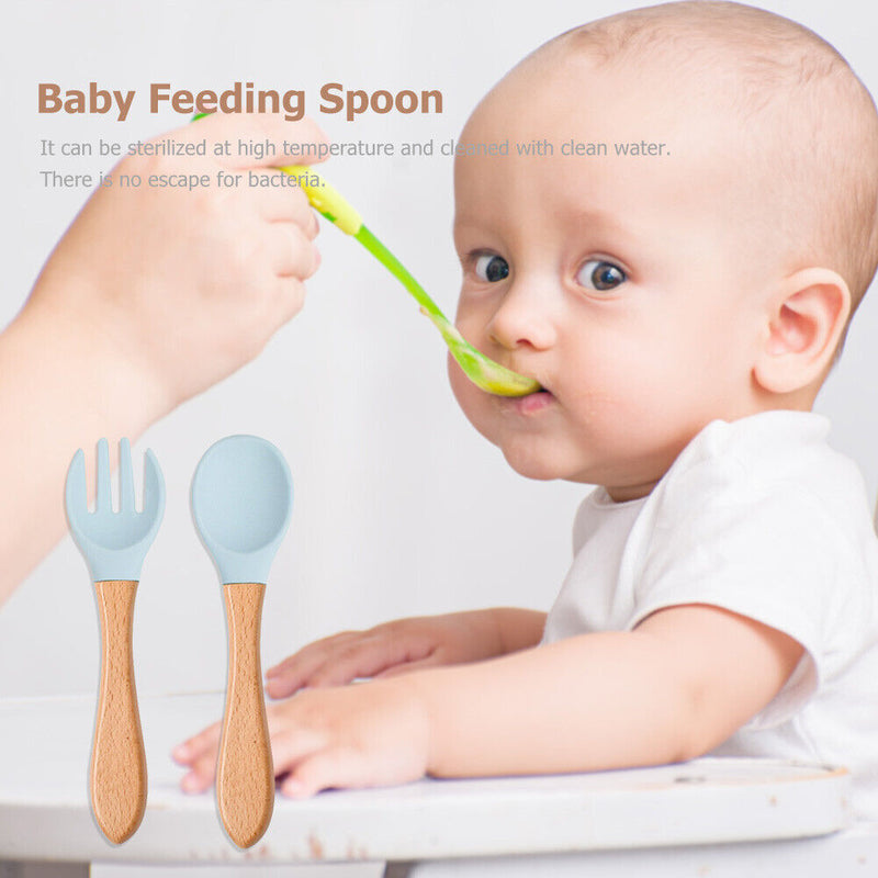 Baby Wooden Silicone Feeding Spoon Toddlers BPA-free Tableware (5) Newly