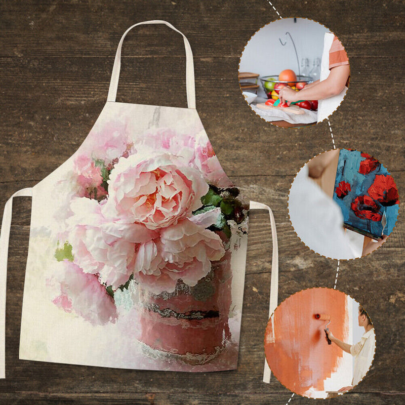 Pink Flower Print Apron Waterproof Cooking Bibs Kitchen Pinafore (82x68cm)