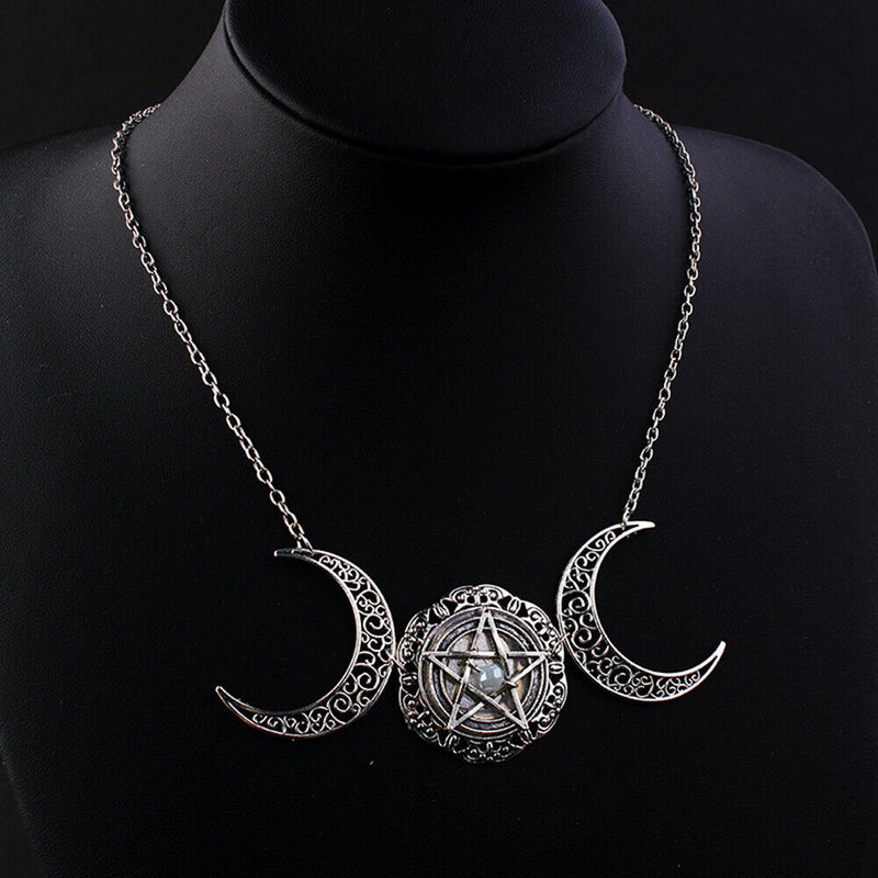 Pagan Jewelry Crystal Pentacle Pentagram Pendant Choker Triple Moon Necklace