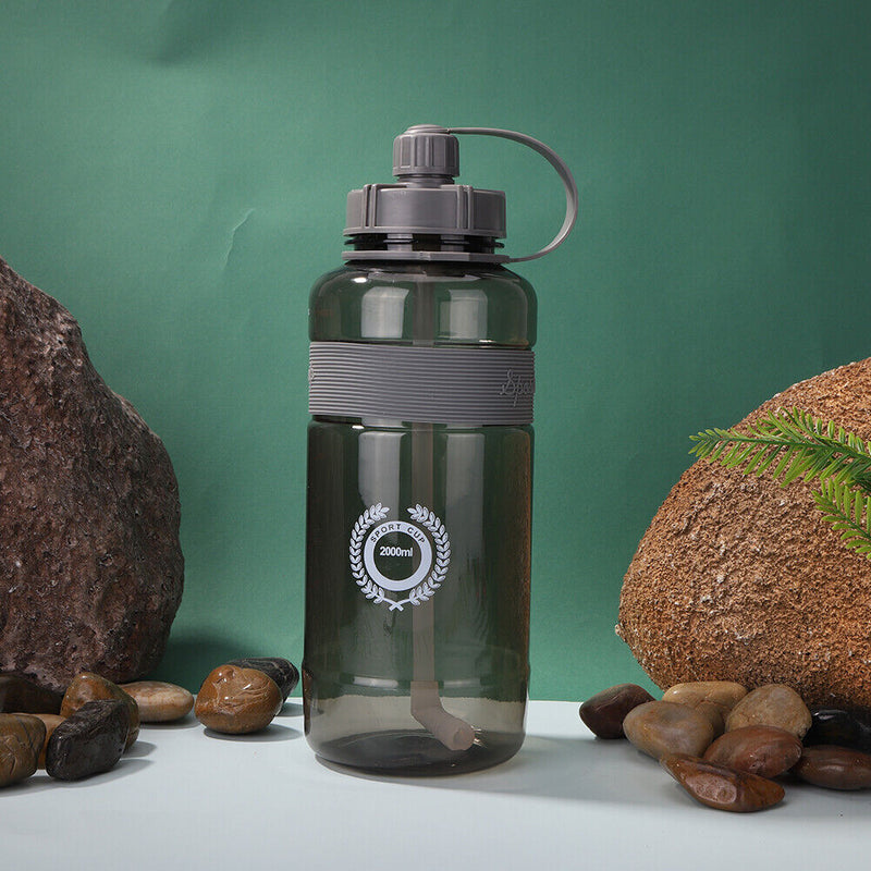 Portable Women Summer Gym Water Bottle Straw Large Capacity (Grey 2000ml)