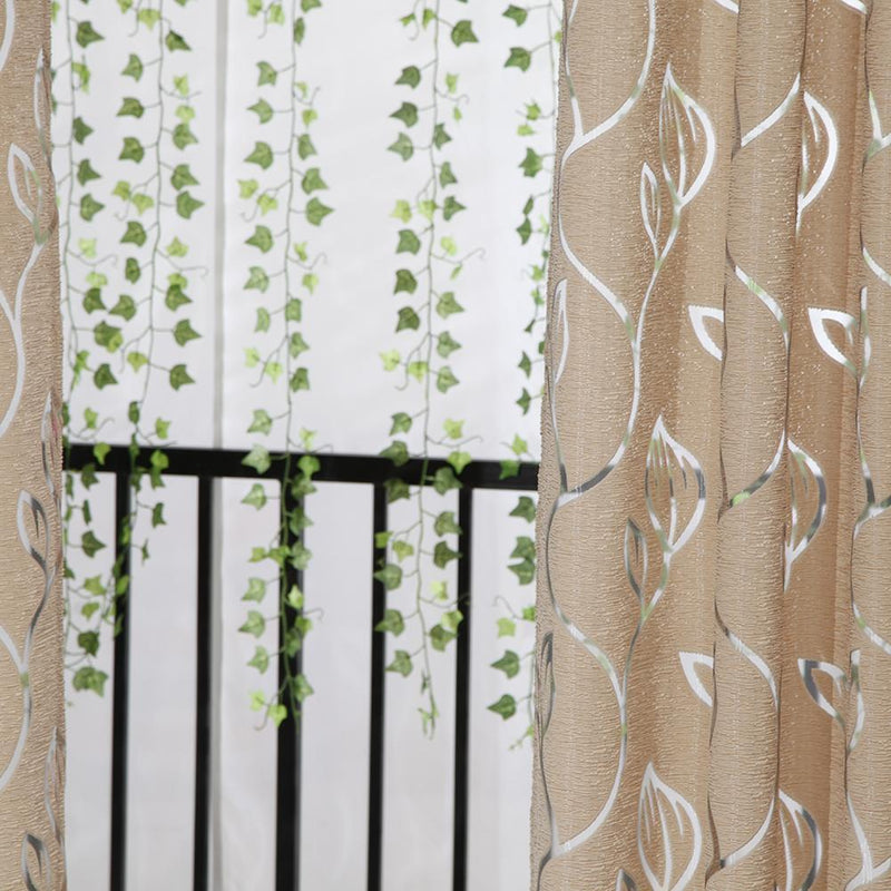 2pc semi blackout curtains and rattan leaf partition decoration light coffe