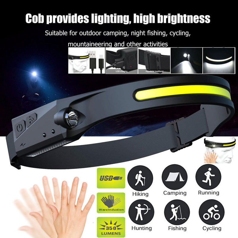 Waterproof COB LED Motion Sensor Head Torch Headlight USB Headlamp Rechargeable
