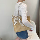 Women Straw Woven Shoulder Tote Bag Casual Silk Scarf Large Capacity Handbags