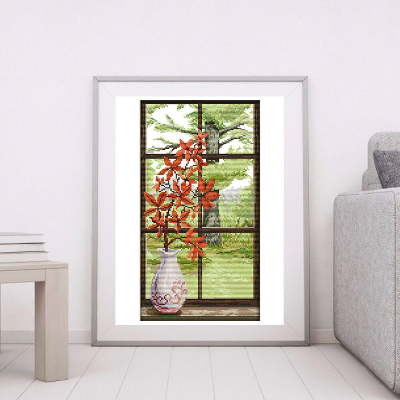 Partial Cross Stitch Cotton Needlework Kit Printed Red Leaves Decor Handicraft