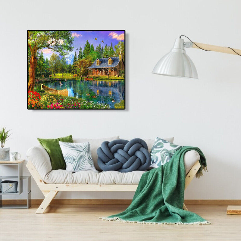 Painting By Numbers Kit DIY Lakeside Cottage Canvas Oil Art Picture Craft