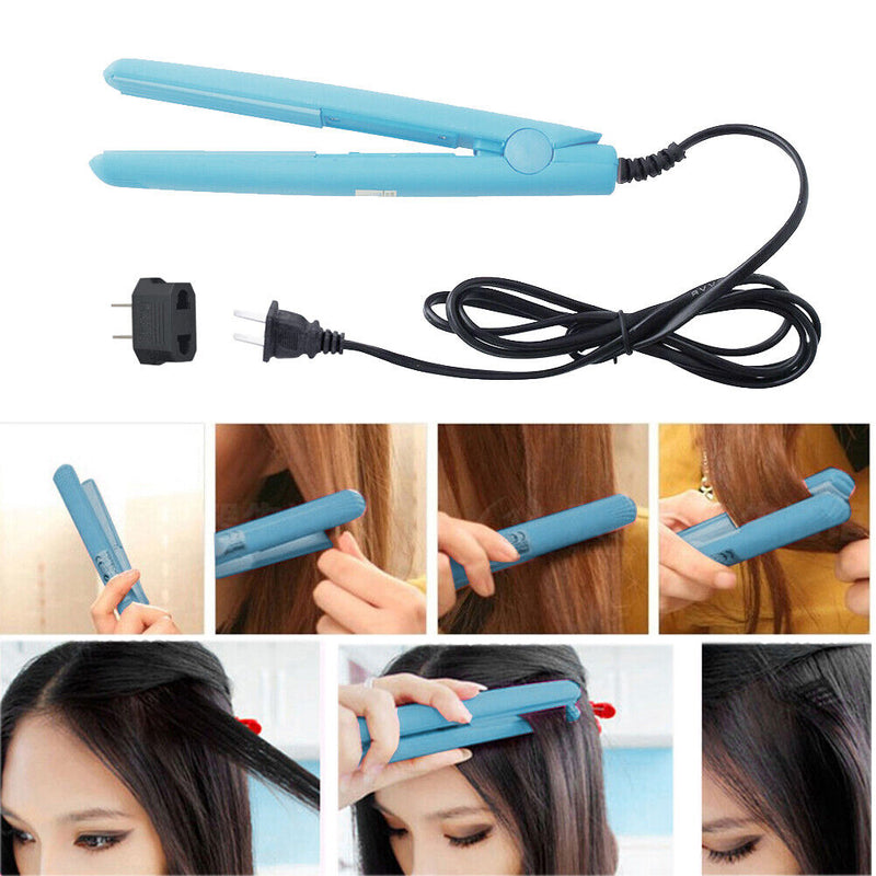 Mini Hair Straightener Flat Iron Curler  Ceramic Tourmaline Plates(Blue)