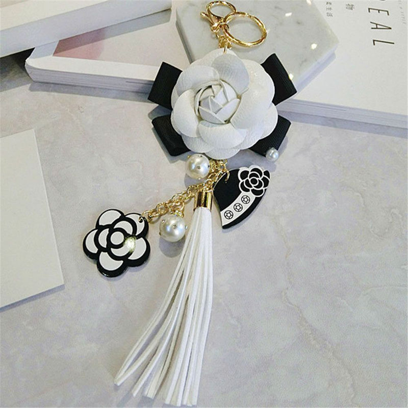 Decoration PU Camellia Bag Pendant Car Key Ring Tassel Keychain For Women|Girls