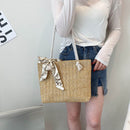 Women Straw Woven Shoulder Tote Bag Casual Silk Scarf Large Capacity Handbags