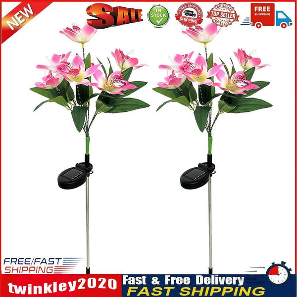 2x LED Solar Garden Orchid Light Waterproof Landscape Fence Decor (Pink) Newly