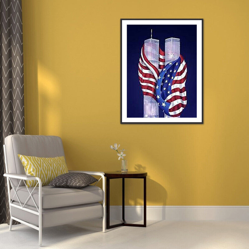 5D Diamond Painting Flag Twin Towers Full Round Drill DIY Wall Home Decoration