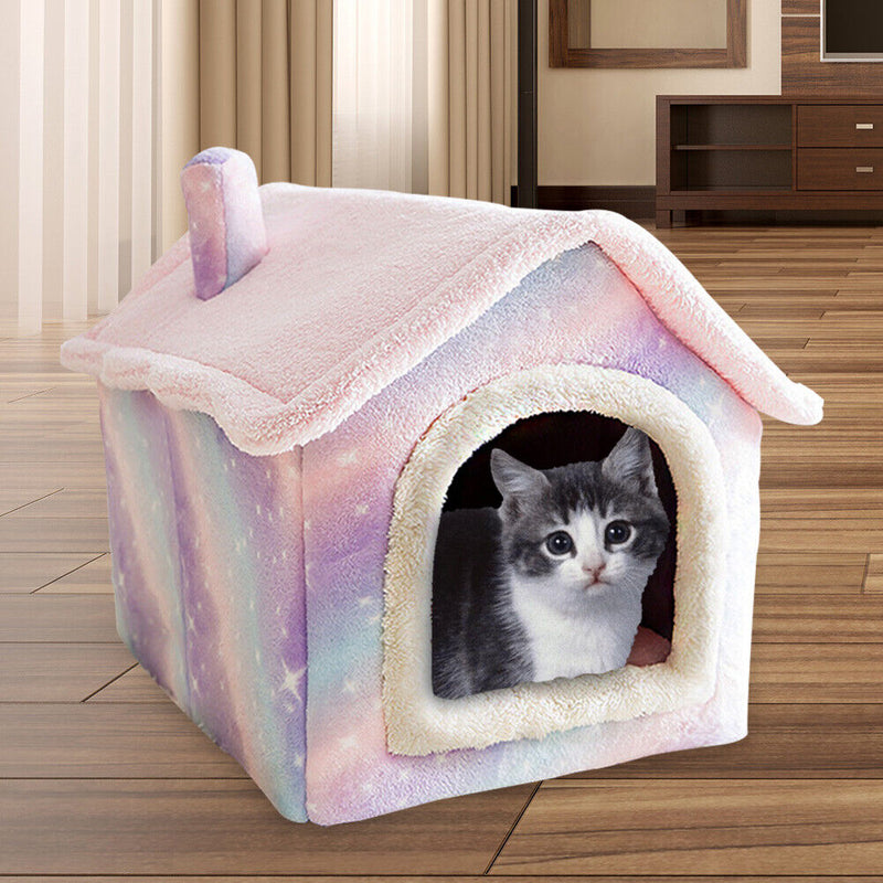 Pink Starry Pet House Kennel Cat Tent Semi-enclosed Plush Sleep Nest (L) Newly