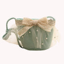 Summer Kids Girls Straw Shoulder Bag Lace Bow Beach Hat Coin Purse (Green)