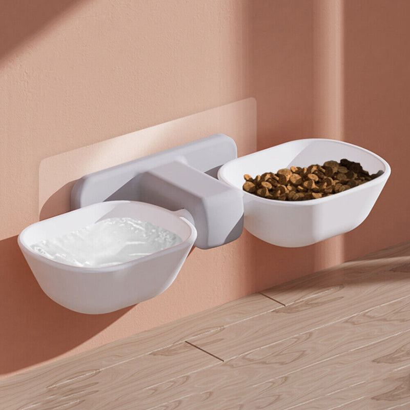 Wall Mounted Double Pet Bowls Cat Dog Automatic Water Food Feeder (White) Newly