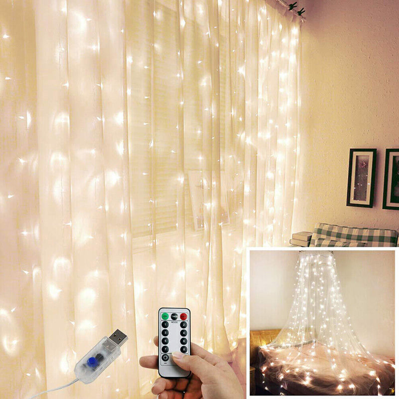 200 LED Fairy String Light Garland Curtain Lamp with Remote (Warm White) Newly