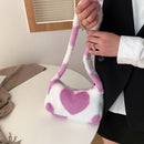 Women Soft Warm Plush Heart Handbags Single Strap Mini Armpit Bag (Pink)