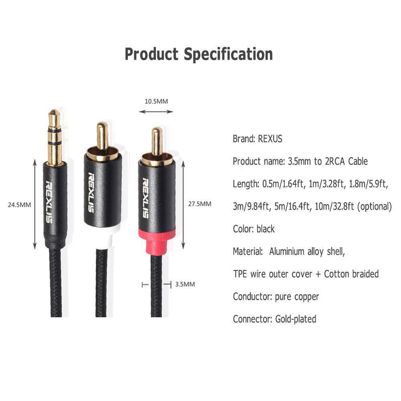 3.5mm Jack Male to 2 RCA Aux Cable Cotton Braided for Home Theater (3 m)
