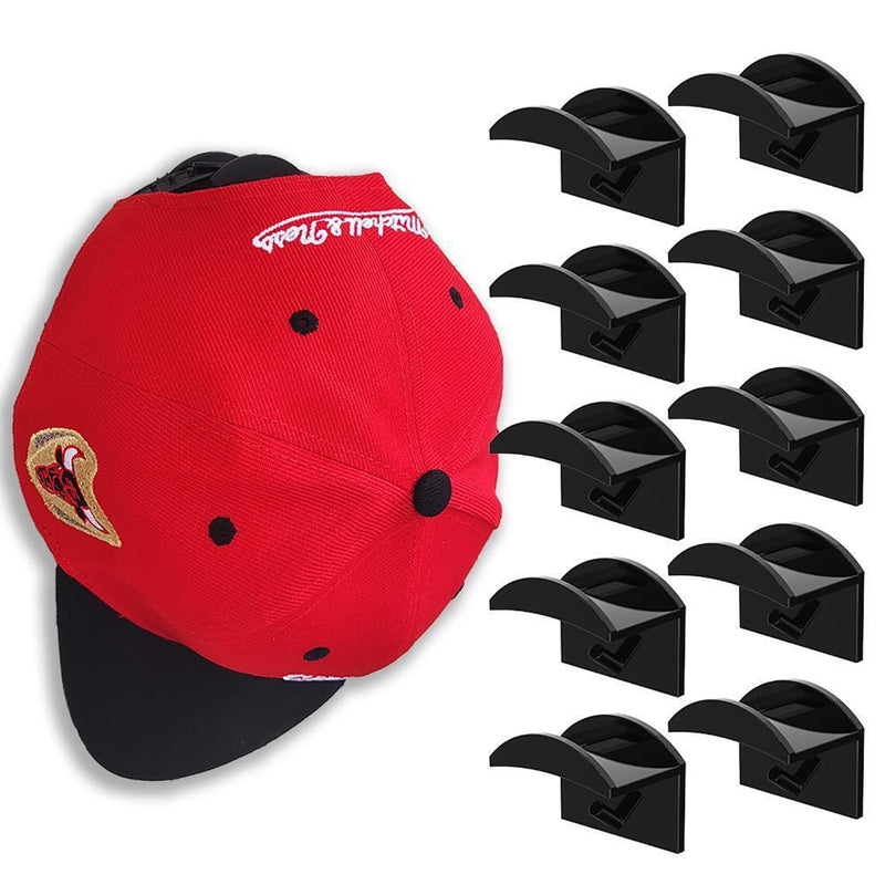 Adhesive Hat Hooks for Wall (Pack of 10) - Baseball Caps Hangers Rack (Black)