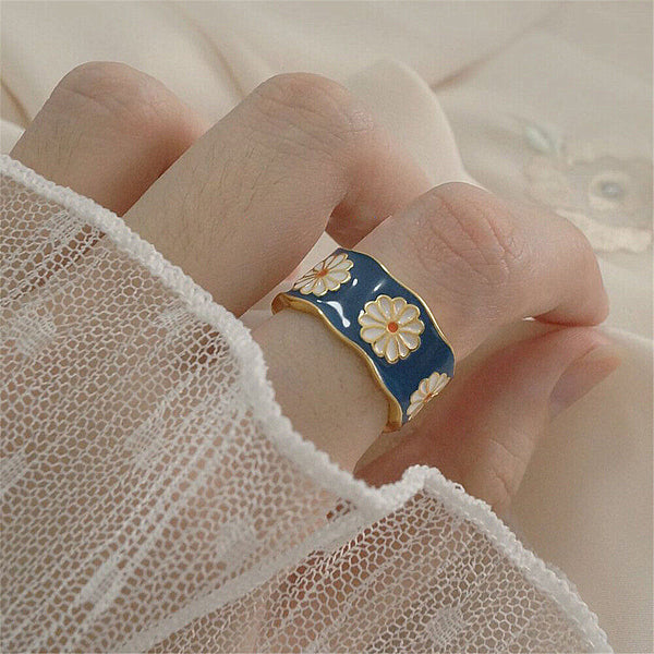 Women's Ring Small Enamel Pattern Ring Adjustable Little Daisy For women|girls